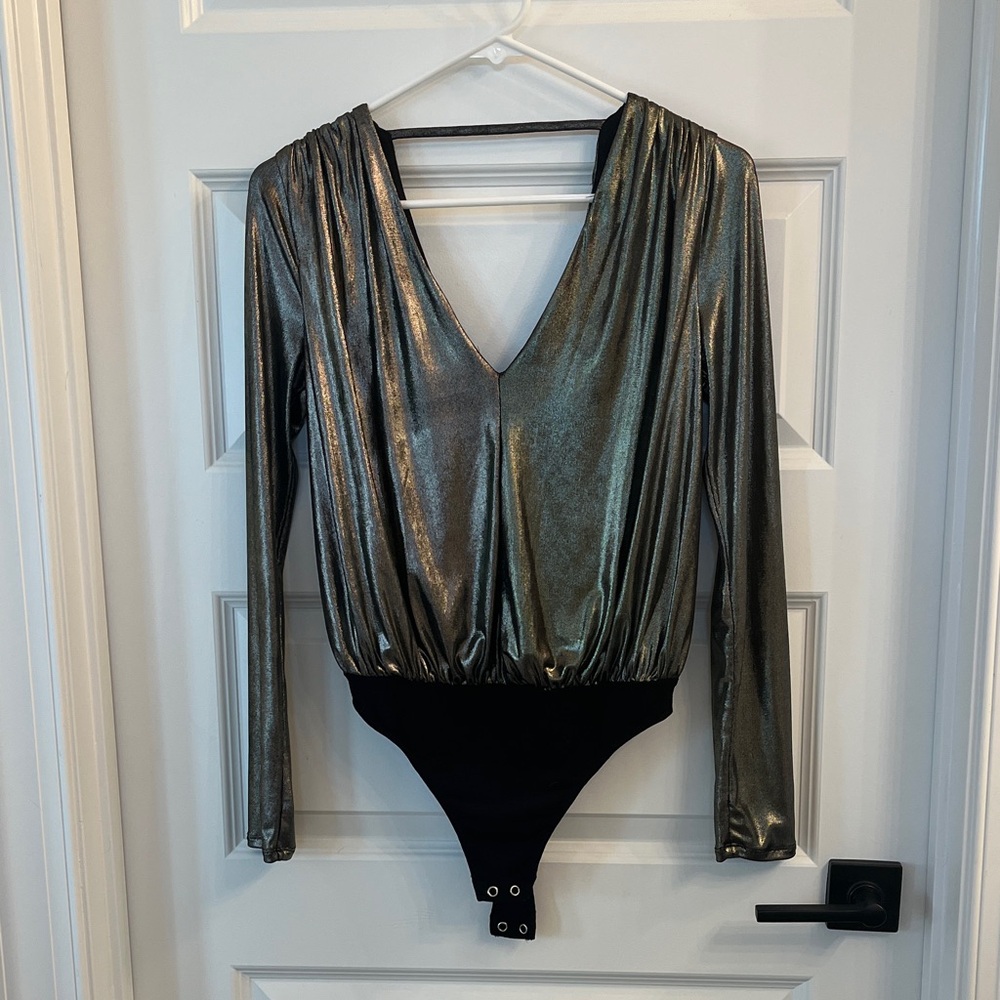 Express Shimmering Silver V-Neck Bodysuit